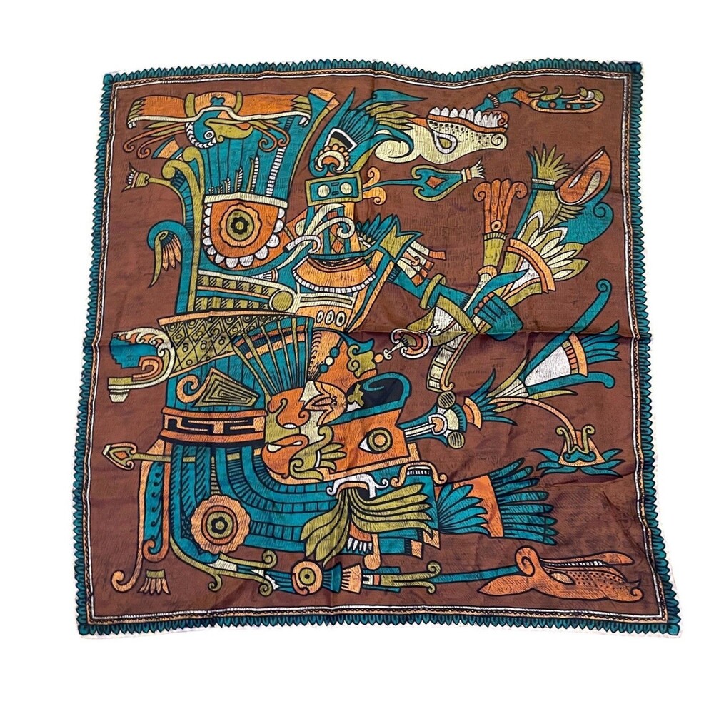 Vintage Elena Roma 79 Alta Moda Aztec Mayan Graphic Silk Scarf 30x30